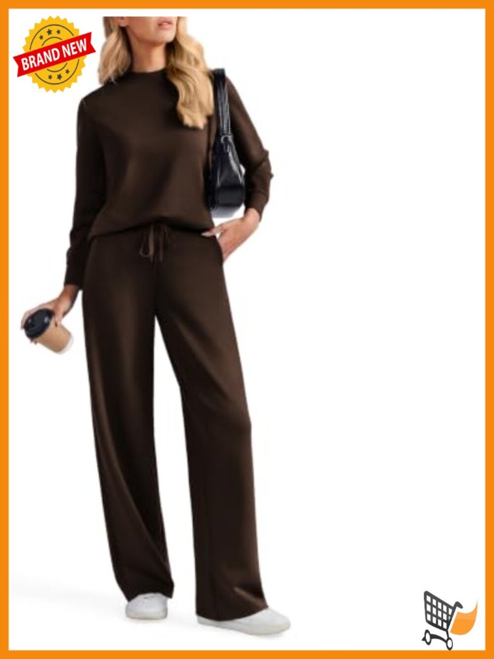 2 Piece Sweatsuit Set Wide Leg Pants Mock Neck Long Sleeve Top